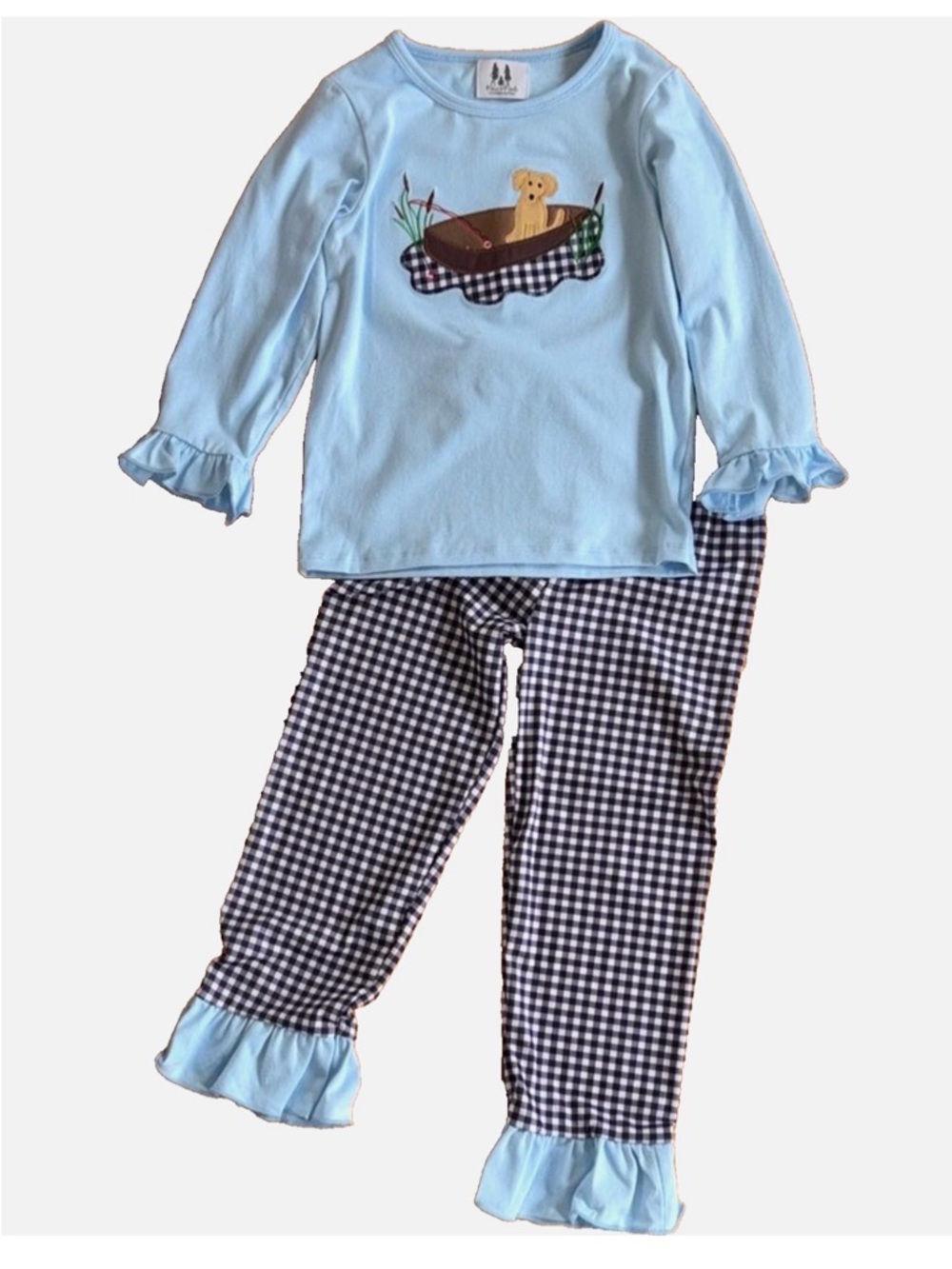 Maci & Madi Dog Canoe Applique Outfit Set Girls 5T Blue Gingham Fall Boutique